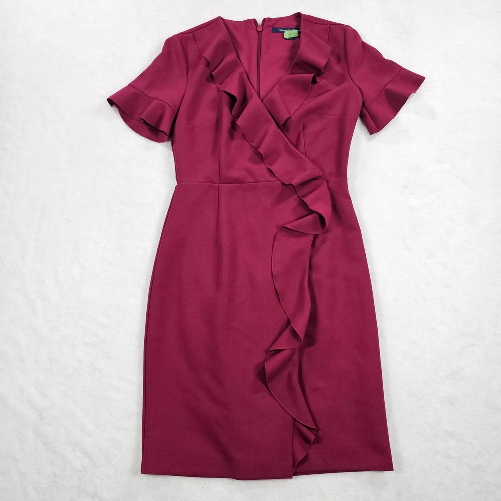 French Connection Ruffle Front Sheath Dress Burgundy Berry V-Neck Short Sleeve 2